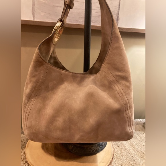 Michael Kors Fulton Suede Tan Leather Slouchy Bold Gold Logo Hobo Shoulder Bag - Picture 8 of 12
